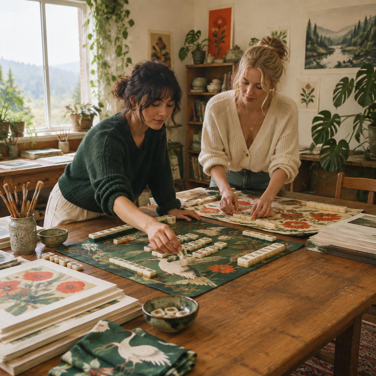 The two founders of Mahjong Mood laying out artist-designed mahjong mats in their Oregon studio